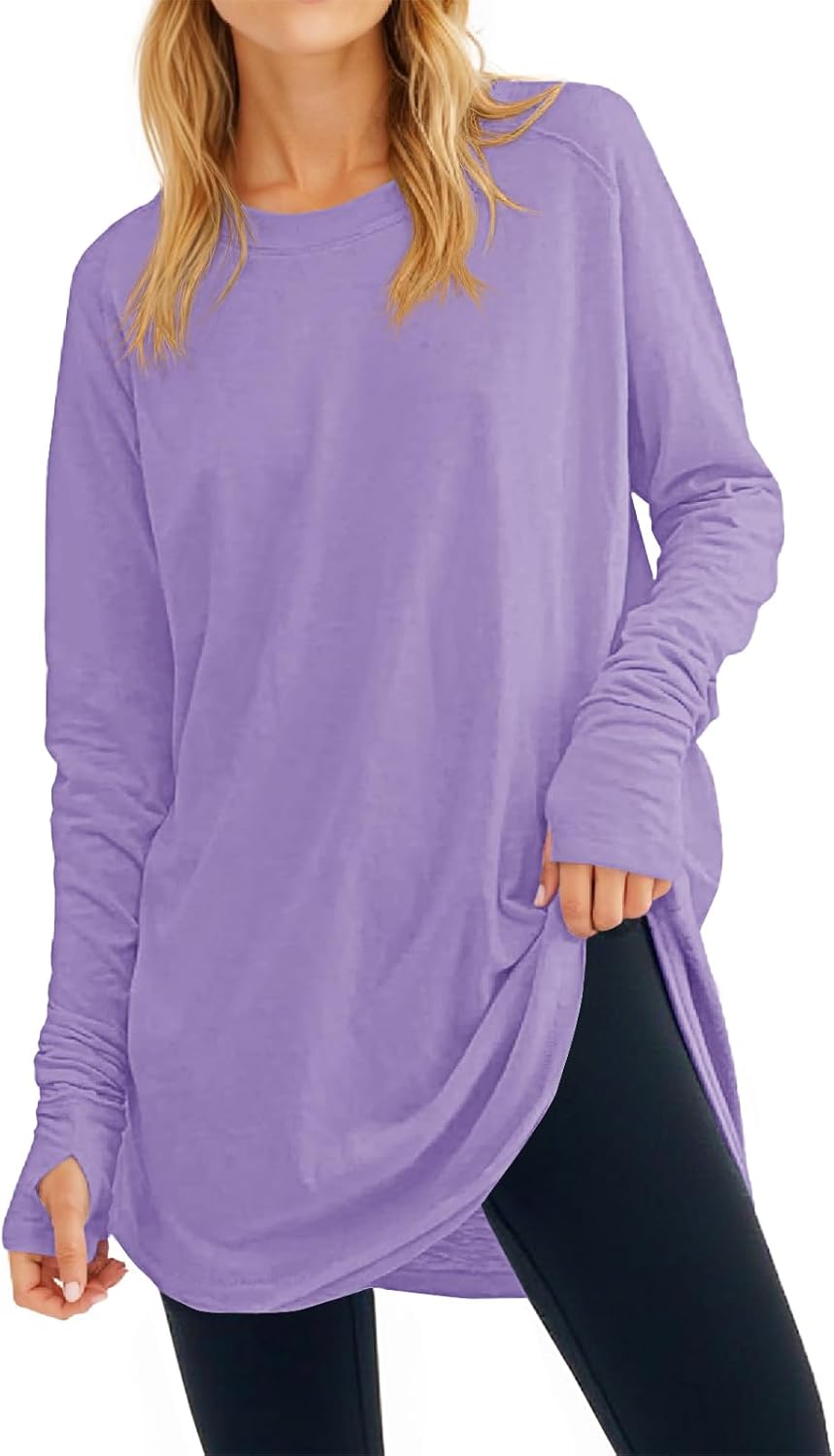 Fisoew Women's Casual Long Sleeve Tops Crew Neck Round Hem Loose T-Shirts Tunic Tops with Thumb Holes