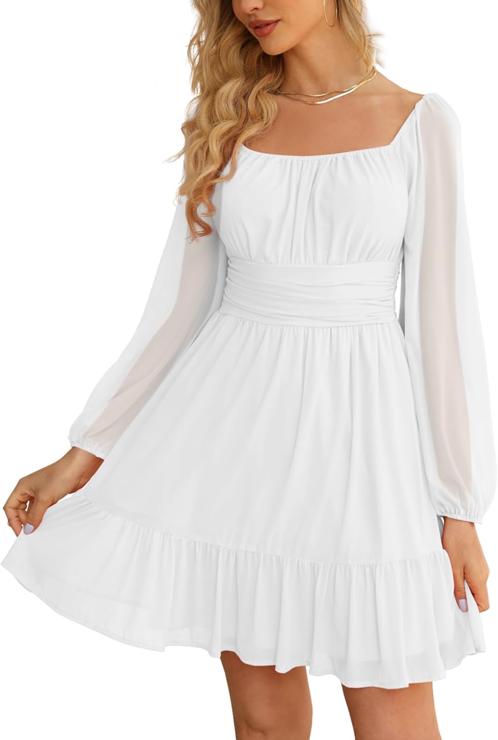 Wenrine Women's Mesh Long Sleeve Square Neck Dress High Waist A Line Ruffle Hem Flowy Casual Party Mini Dress