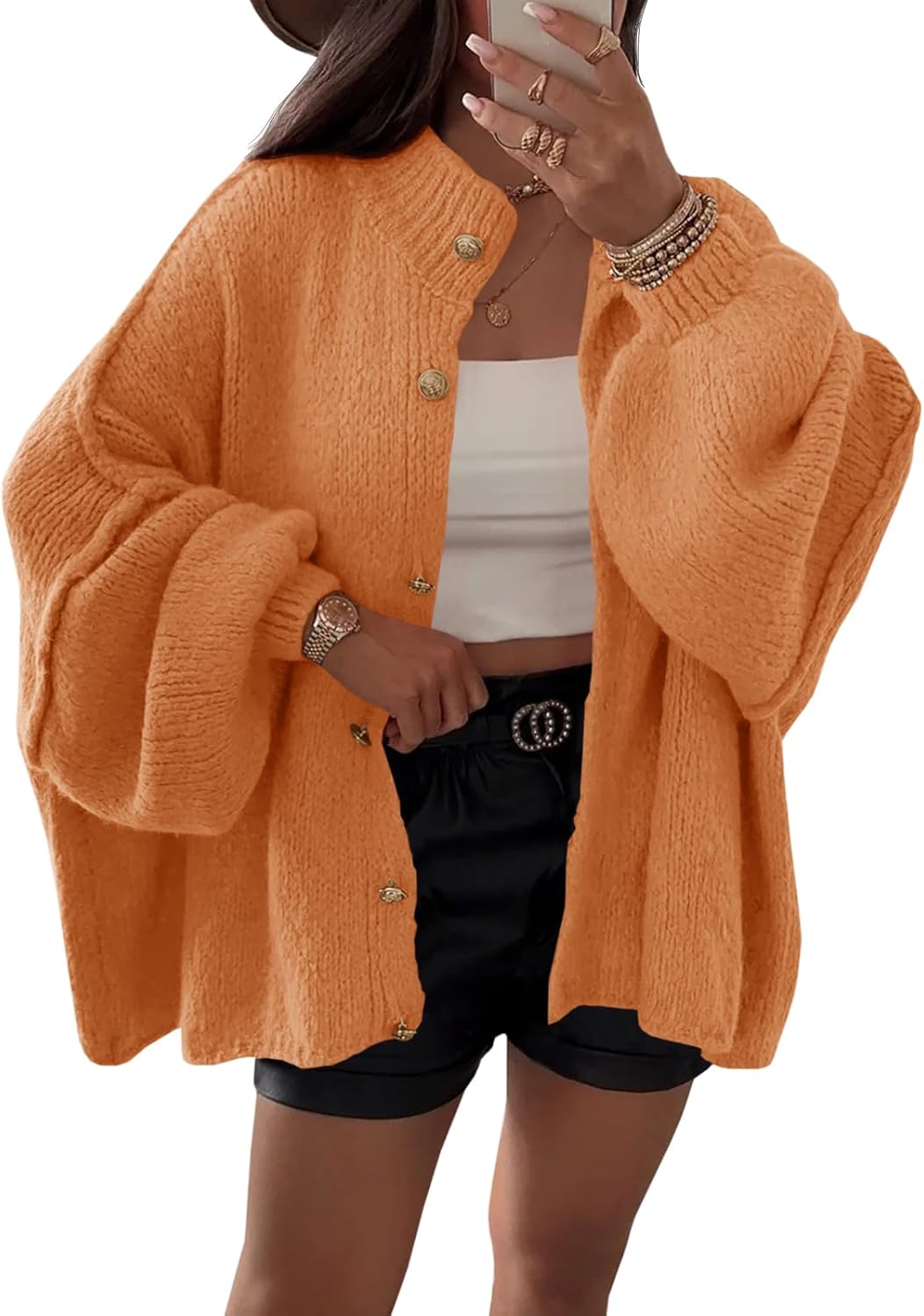 Saodimallsu Womens Oversized Cardigans Long Lantern Sleeve Button Down Chunky Knit Loose Fall Sweater Coats