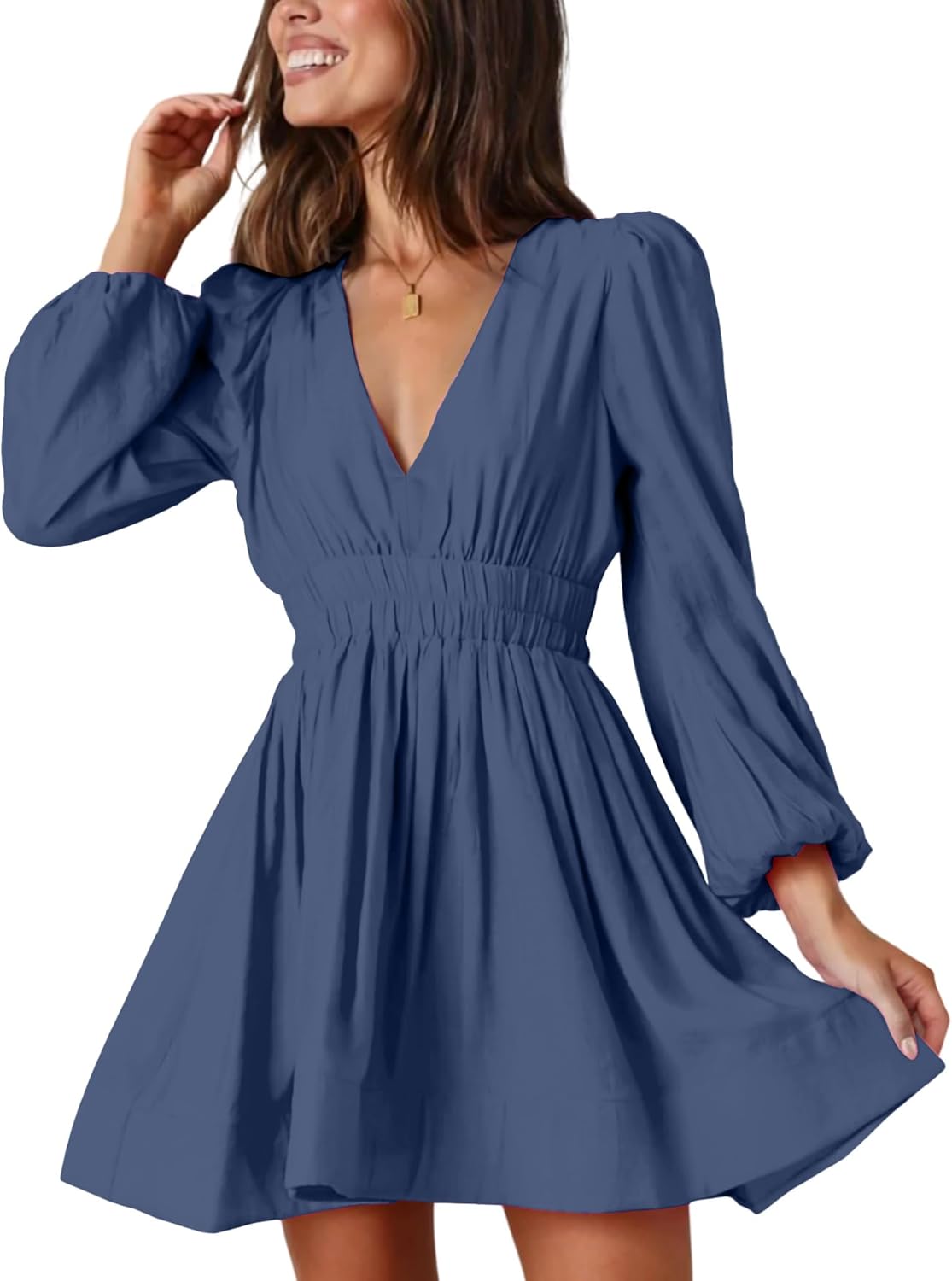 FAIABLE Mini Deep V Sexy Long Sleeve Dress for Women A-line High Waisted Casual Flowy Dress for Cocktail Wedding Guest