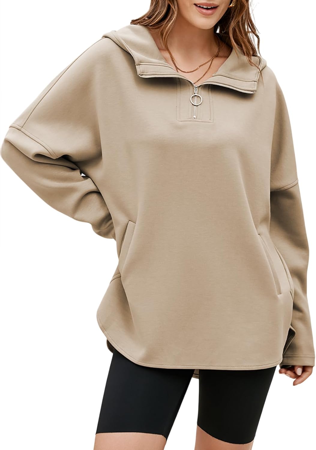 EVALESS Women's Oversized Hoodies Casual Long Sleeve Half Zipper Pocket Sweatshirt Pullover Tops