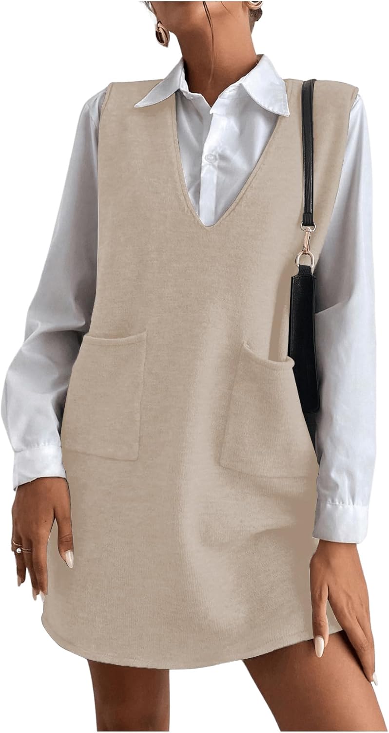 OYOANGLE Women's V Neck Sleeveless Knitted Solid Short Sweater Dress with Pockets