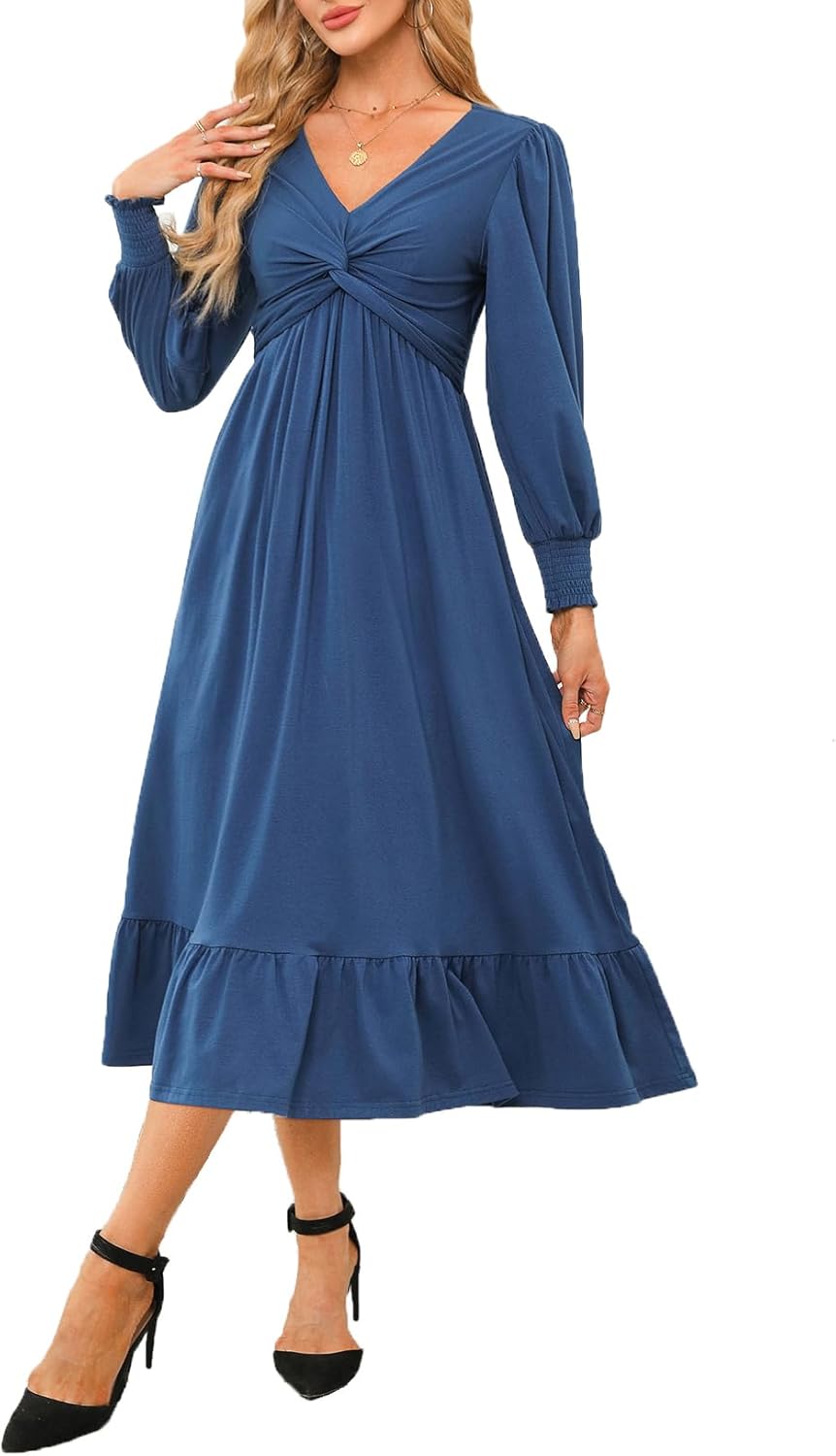Dokotoo Womens 2024 Wrap V-Neck Twist Knot Long Sleeve Empire Waist Midi Maxi Dress A-Line Ruched Flowy Dress with Pockets