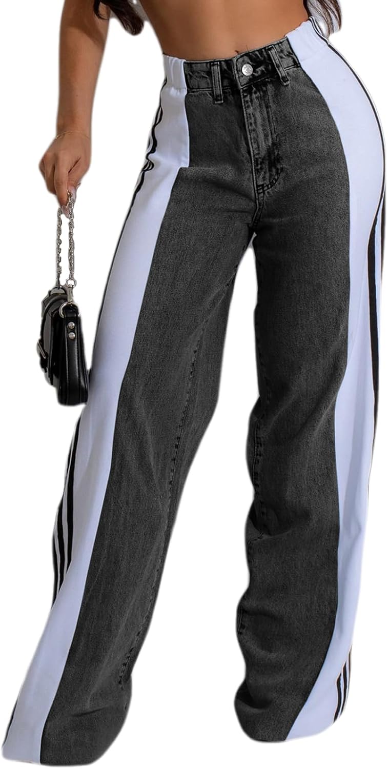 Angsuttc Womens Jeans with Patchwork Stripes High Waisted Stretchy Denim Color Block Straight Wide Leg Trendy Jean