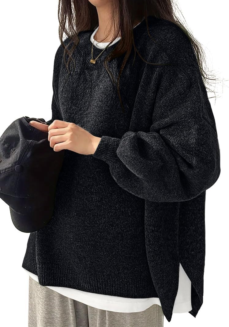Women's Oversized Crewneck Sweaters Batwing Long Sleeve Side Slit Ribbed Knit Pullover Sweater Tops