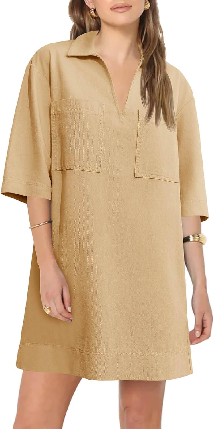 Fisoew Womens Denim Shirt Dress Summer Collared V Neck Mini Casual Jean Dresses with Pockets