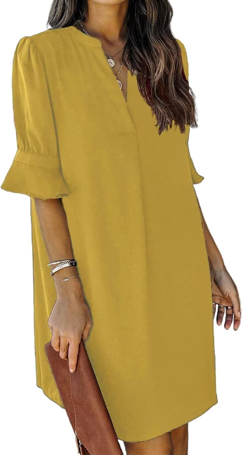QACOHU Summer Dresses for Women V Neck Ruffle Short Sleeve Casual Shift Dress