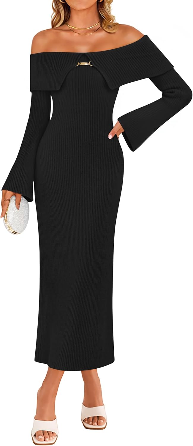 ZESICA Women's Fall Off Shoulder Sweater Dress 2025 Bell Long Sleeve Ribbed Knit Bodycon Formal Maxi Dresses