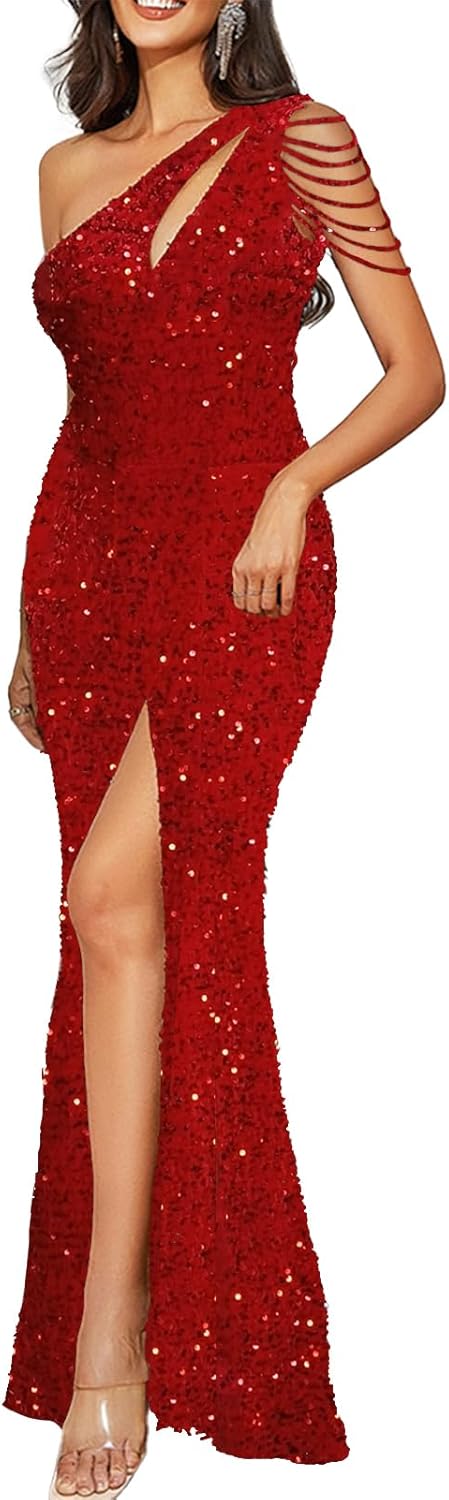 Cololura Women Sequin Elegant Sexy One Shoulder Tassel Mermaid Bodycon Cocktail Evening Dress