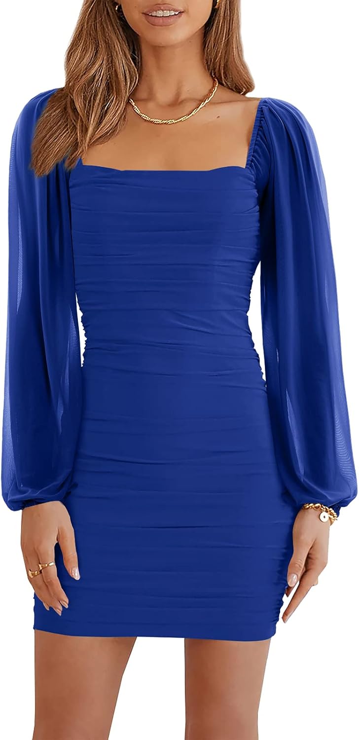Wenrine Women's Mesh Long Sleeve Square Neck Ruched Party Club Cocktail Bodycon Mini Dress