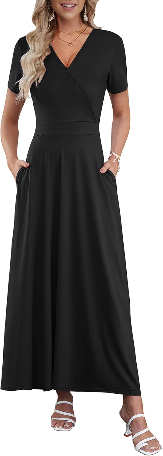 AUSELILY Maxi Dresses for Women Ankle Length Floral Print Beach Long Flowy Dress with Pockets