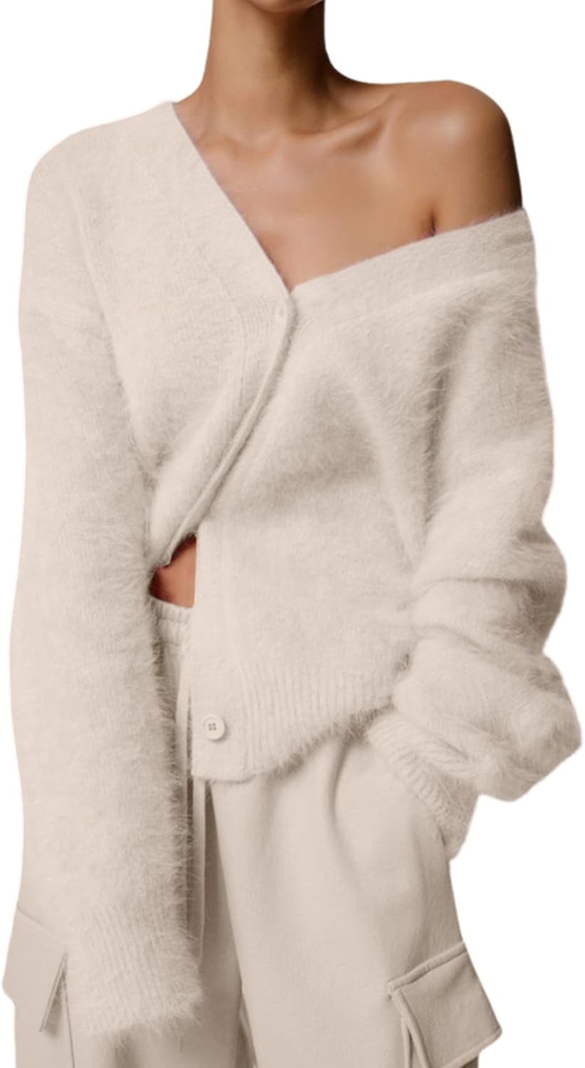 Yimoon Womens Fuzzy Cardigan Sweater V Neck Long Sleeve Button Down Slouchy Furry Knit Sweaters 2025