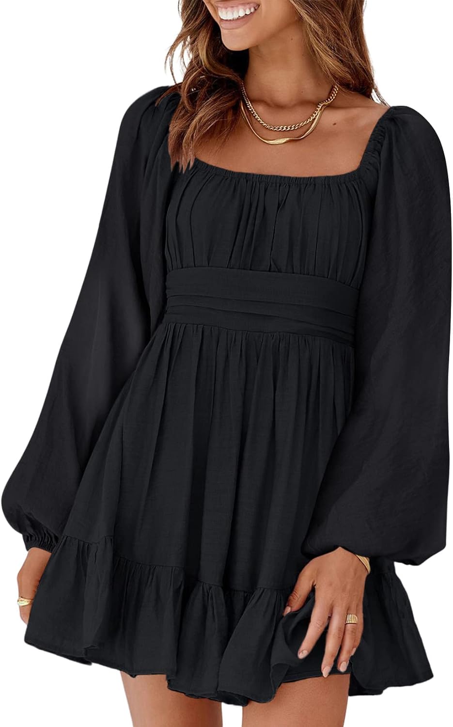 Dokotoo Womens Dress Long Lantern Sleeve Square Neck Tie Backless Sexy Dress Ruffle Elastic Waist A-Line Mini Dress