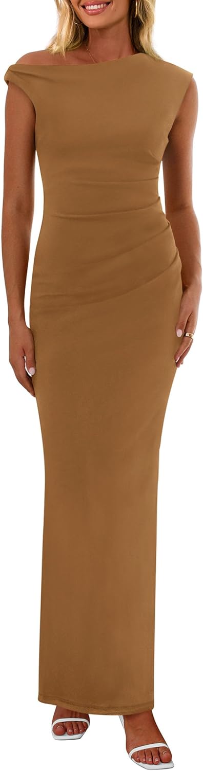 PRETTYGARDEN Women's 2025 Summer Formal Maxi Dresses Sleeveless One Shoulder Bodycon Ruched Mesh Wedding Guest Cocktail Dress