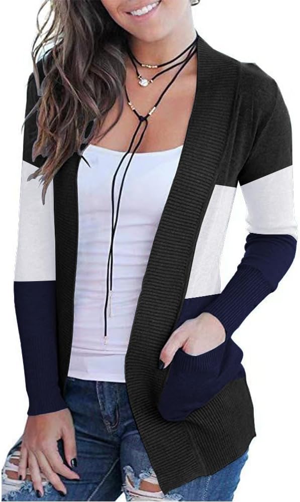 VOIANLIMO Women's Open Front Casual Long Sleeve Knit Classic Sweaters Cardigan with Pockets