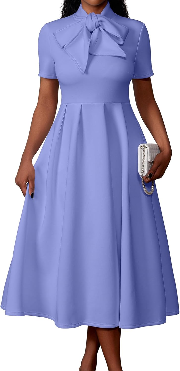 Memoriesea Women's Elegant Casual Short Sleeve Work Party A-Line Dress with Pockets