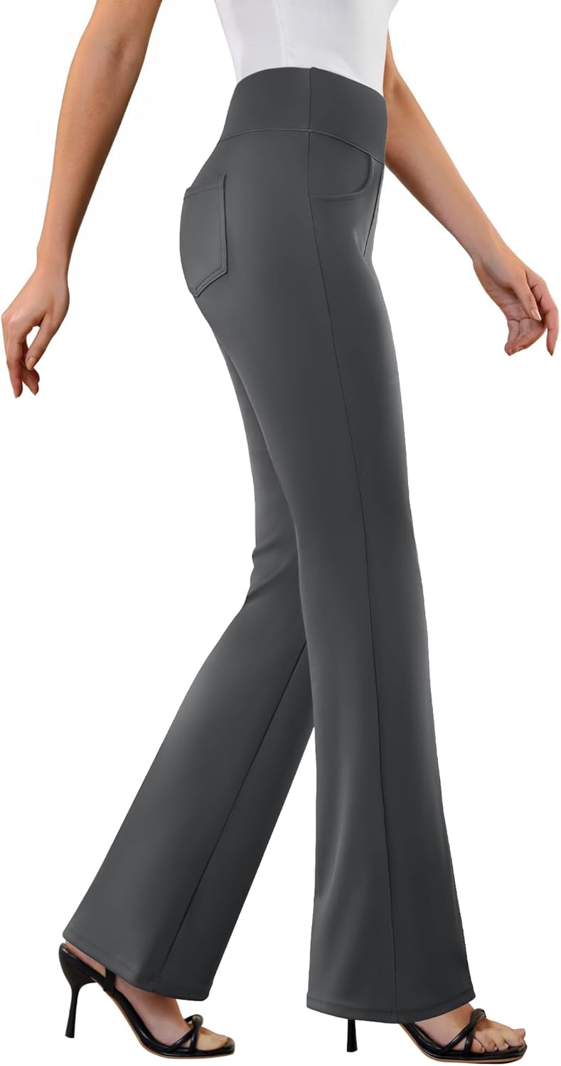 Womens Dress Pants Stretchy Work Pants Business Casual Office Trousers Pull On Flare Slacks with 4 Pockets