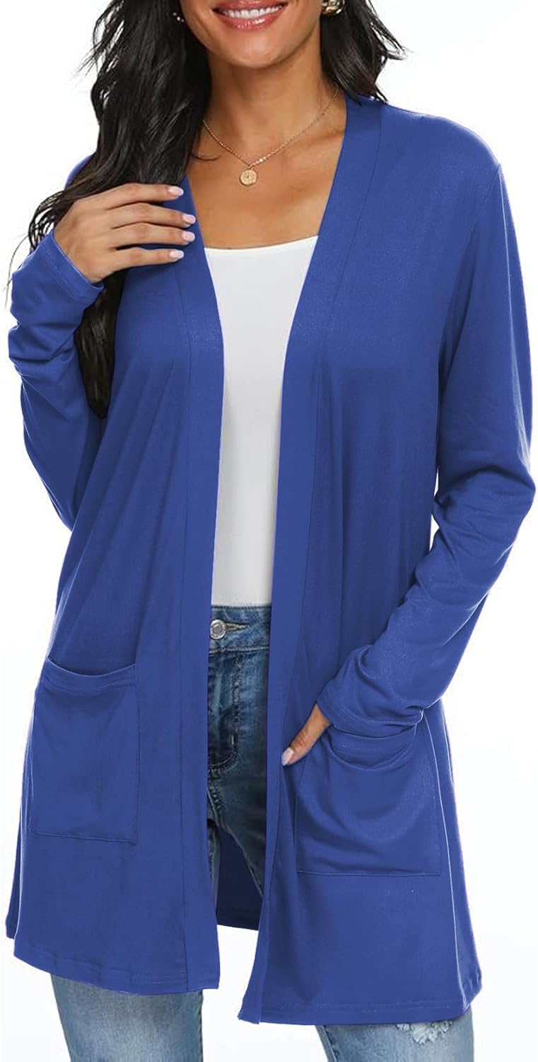 Womens Casual Lightweight with Pocketes Long Sleeve Open Front Cardigan