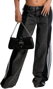 Angsuttc Womens Jeans with Patchwork Stripes High Waisted Stretchy Denim Color Block Straight Wide Leg Trendy Jean