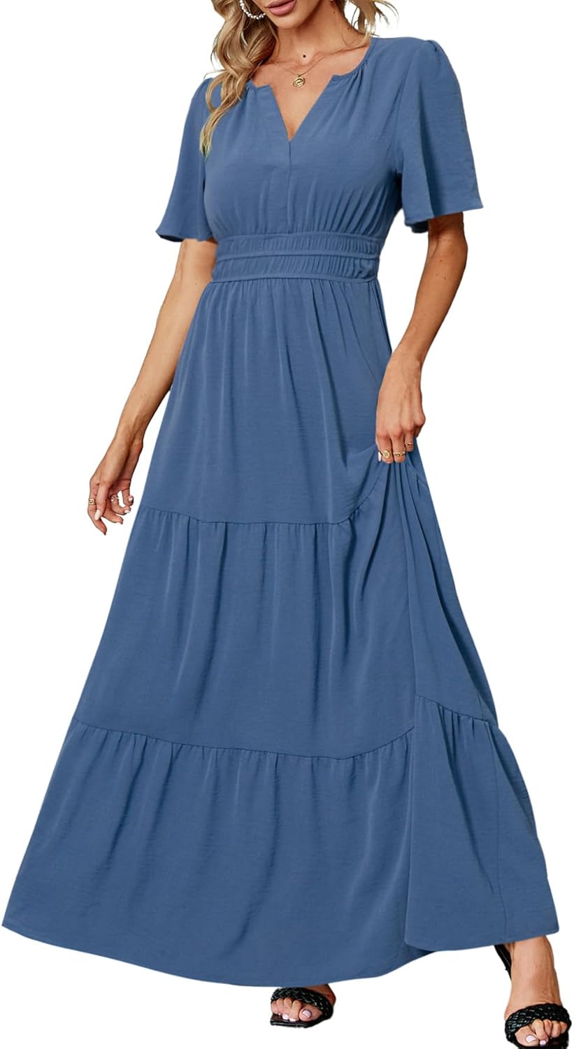 Amegoya Women's Velvet Short Sleeve V Neck Formal Wedding Guest Maxi Dresses Fall Evening Party Long Dresses