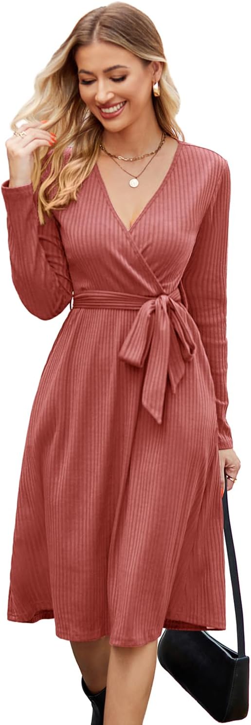Newshows Womens 2025 Fall Dresses Teacher Church Business Casual Work Outfits Knit Midi Sweater Pockets Belt Dress