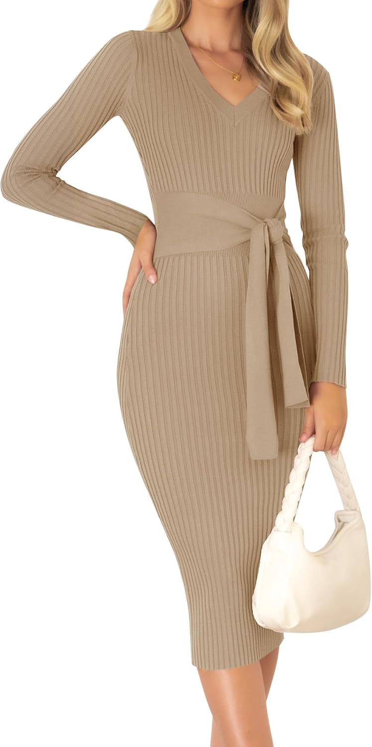 ZESICA Women's 2025 Fall Sweater Dress V Neck Long Sleeve Ribbed Knit Tie Waist Bodycon Slim Fit Midi Dresses