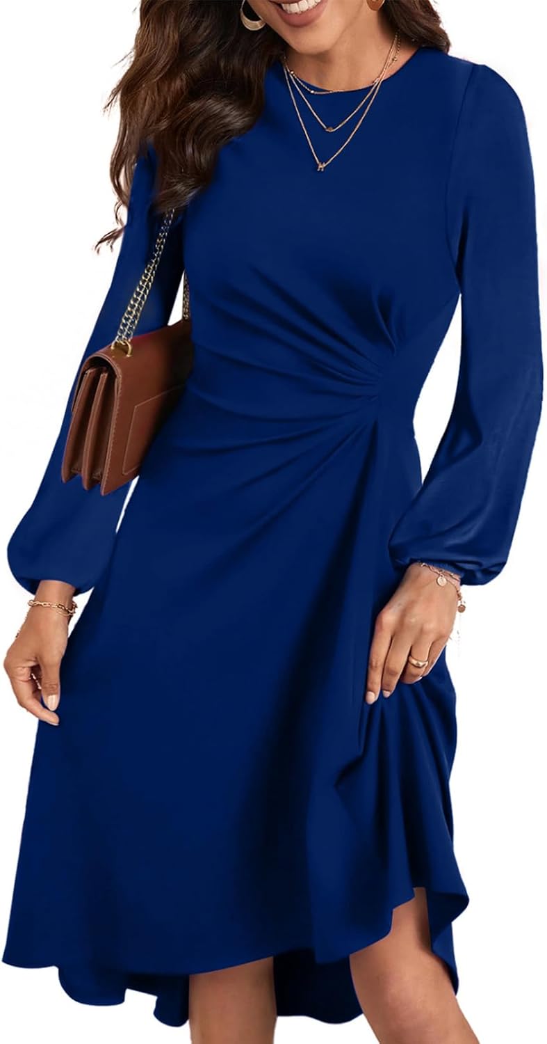 Happy Sailed Women's Long Sleeve Ruched Waist Flowy A Line High Low Midi Cocktail Party Dress