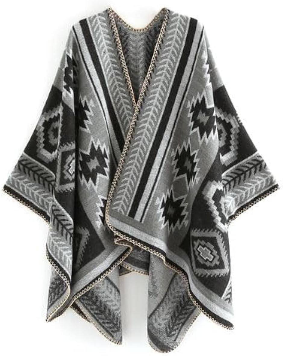 Bestshe Women's Boho Open Front Poncho Knitted Plaid Shawl Wrap Cape Tassel Cardigan Sweater