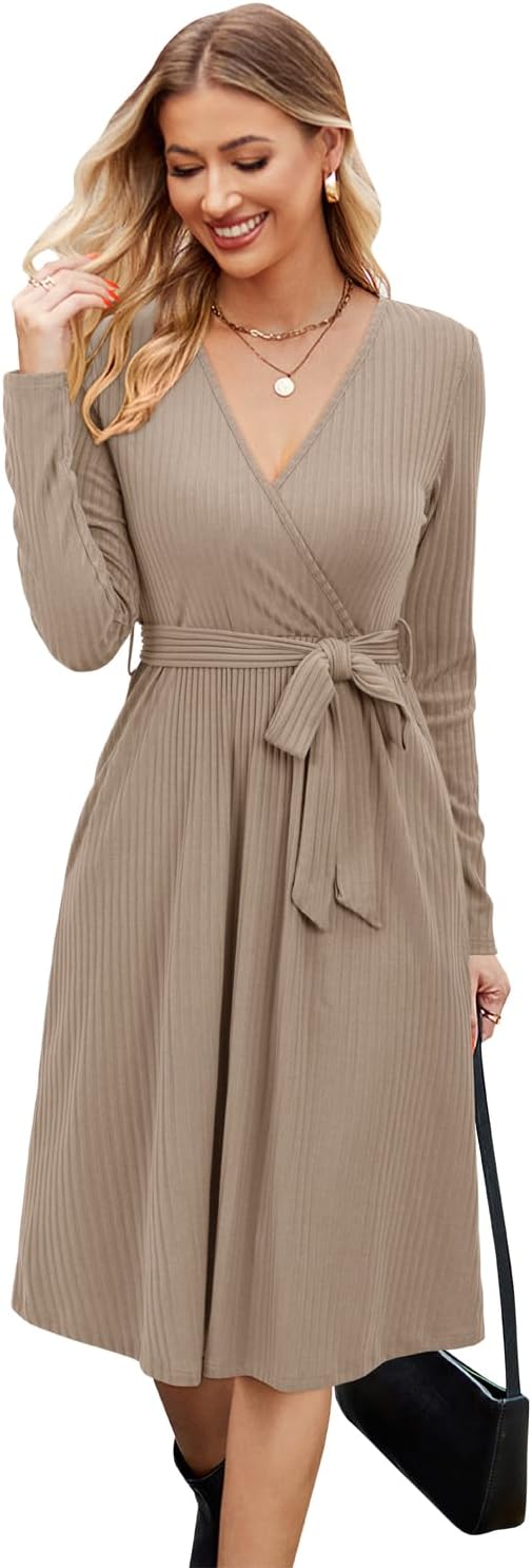 Newshows Womens 2025 Fall Dresses Teacher Church Business Casual Work Outfits Knit Midi Sweater Pockets Belt Dress