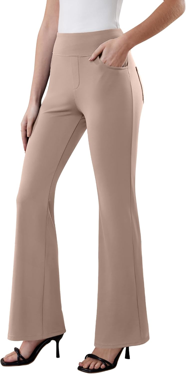 Womens Dress Pants Stretchy Work Pants Business Casual Office Trousers Pull On Flare Slacks with 4 Pockets