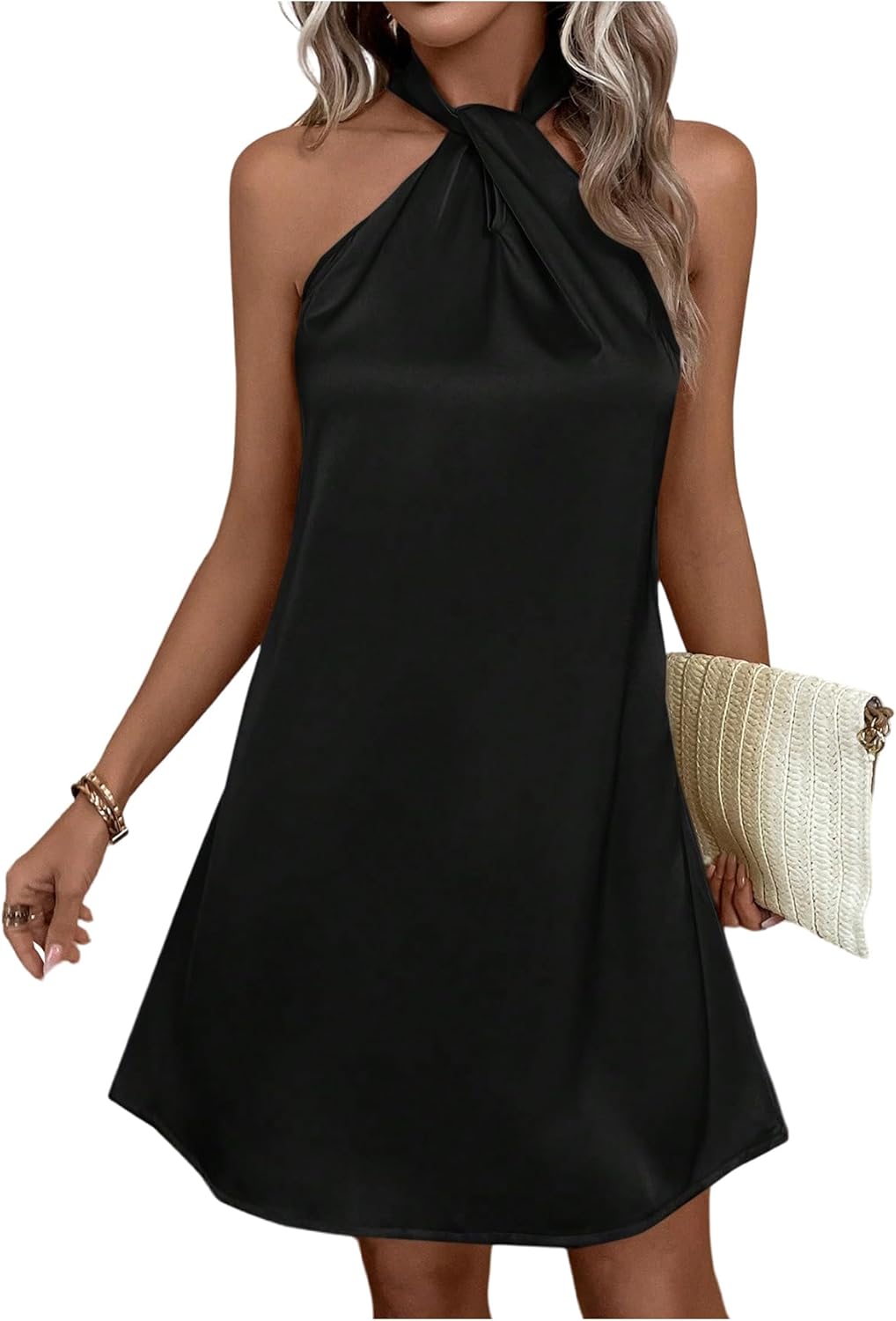 Floerns Women's Pearl Beaded Halter Twist Sleeveless Tie Back Dress A Line Dress