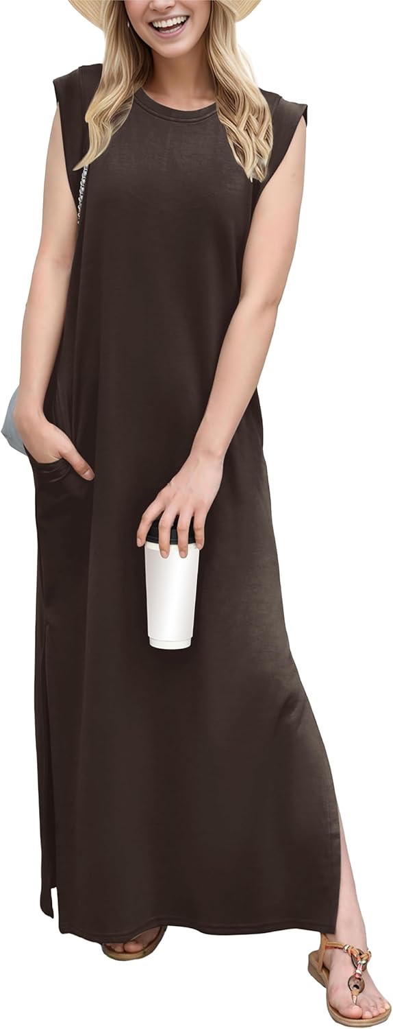 GRECERELLE 2025 Women Year-Round Casual Round Neck Loose Split Wrinkle-Free Long Maxi Vacation Dress with Pockets (XS-3XL)