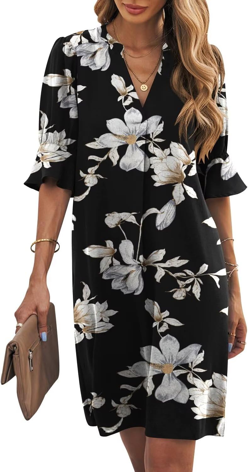 Wkior Shift Dress for Women V Neck Short Sleeves Solid Color Casual Flowy Summer Dresses(S-2XL)