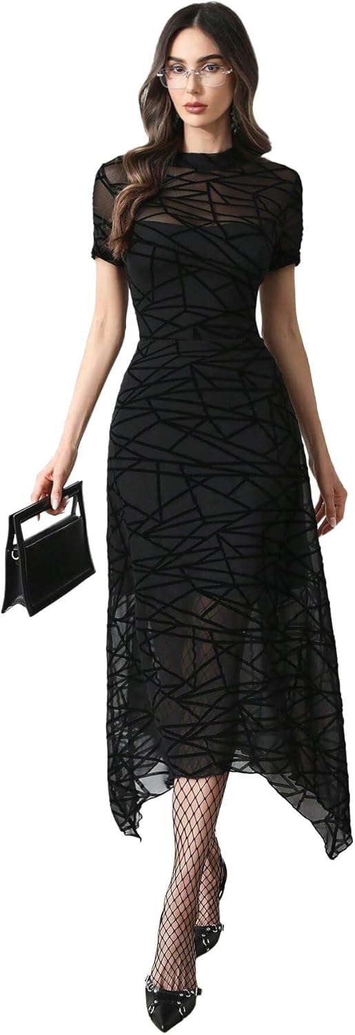 GothDark Women's 2025 Summer Floral Print Vintage Goth Dress Mesh Spliced Double-Layered Irregular Hemline Midi Dress