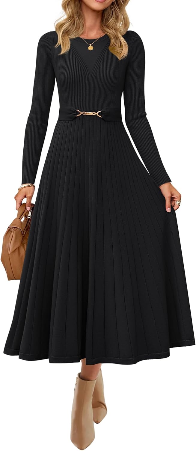 ZESICA Women's Long Sleeve Midi Sweater Dress 2025 Fall Crewneck Knit A Line Pleated Flowy Long Dresses with Belt
