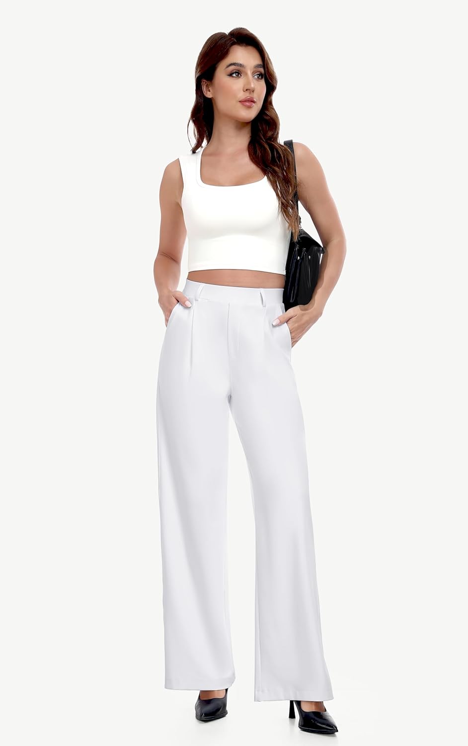 IUGA Womens Dress Pants Wide Leg Pull On Stretchy Work Pants Women High Waisted Business Casual Trousers with Pockets