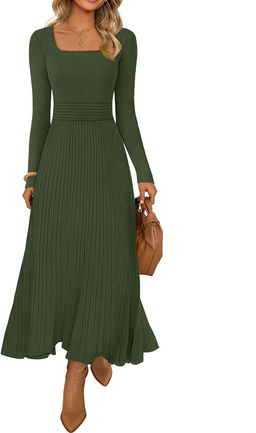 MEROKEETY Women's Sweater Dress 2025 Fall Winter Casual Long Sleeve Square Neck Pleated Church Work Knit Midi Dresses