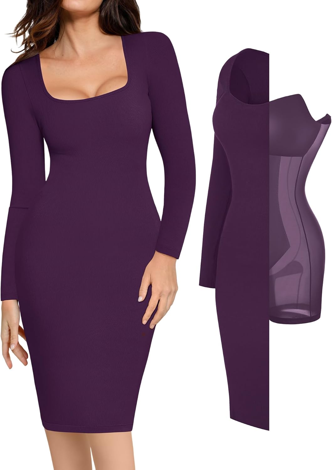 Popilush Dress Long Sleeve Midi Bodycon Dresses for Women Square Neck Shapewear Tummy Control Built-in Bra Party