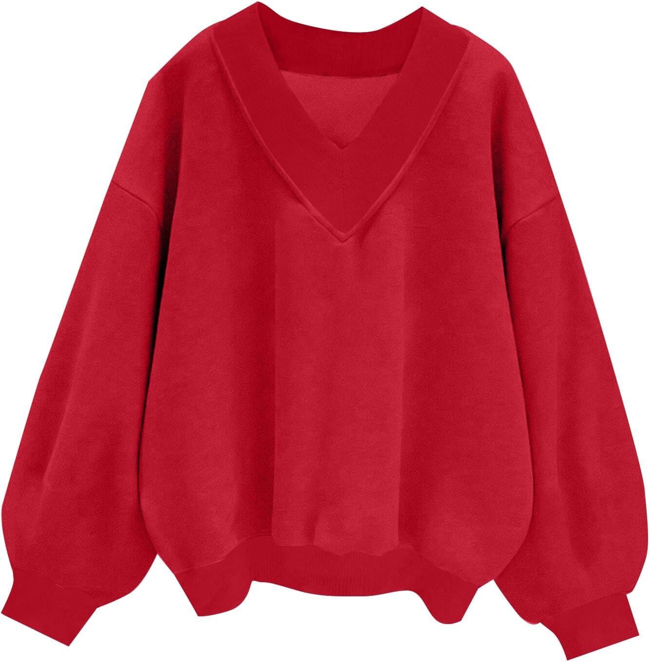 Remidoo Oversized Sweatshirt for Women V Neck Sweatshirts Casual Fleece Long Sleeve Pullover Top