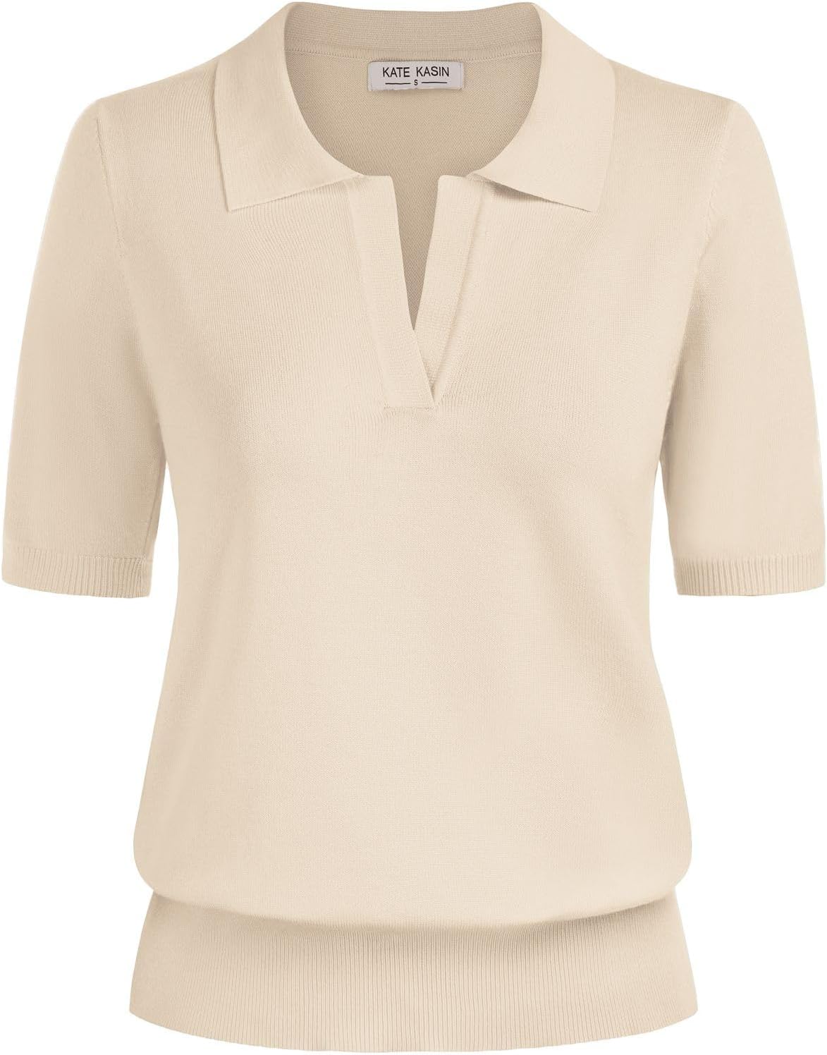 Kate Kasin Women Short Sleeve Polo Sweater V Neck Knitted Tops Casual Ribbed Shirt Loose Pullover Sweater