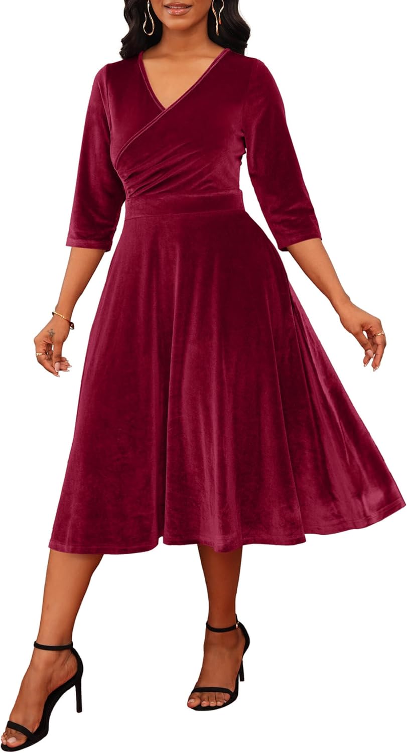 Nmoder Women's Casual Wrap Flared Midi Dress Wedding Guest Cocktail Tea Dresses A-Line Swing V-Neck 3/4 Sleeve