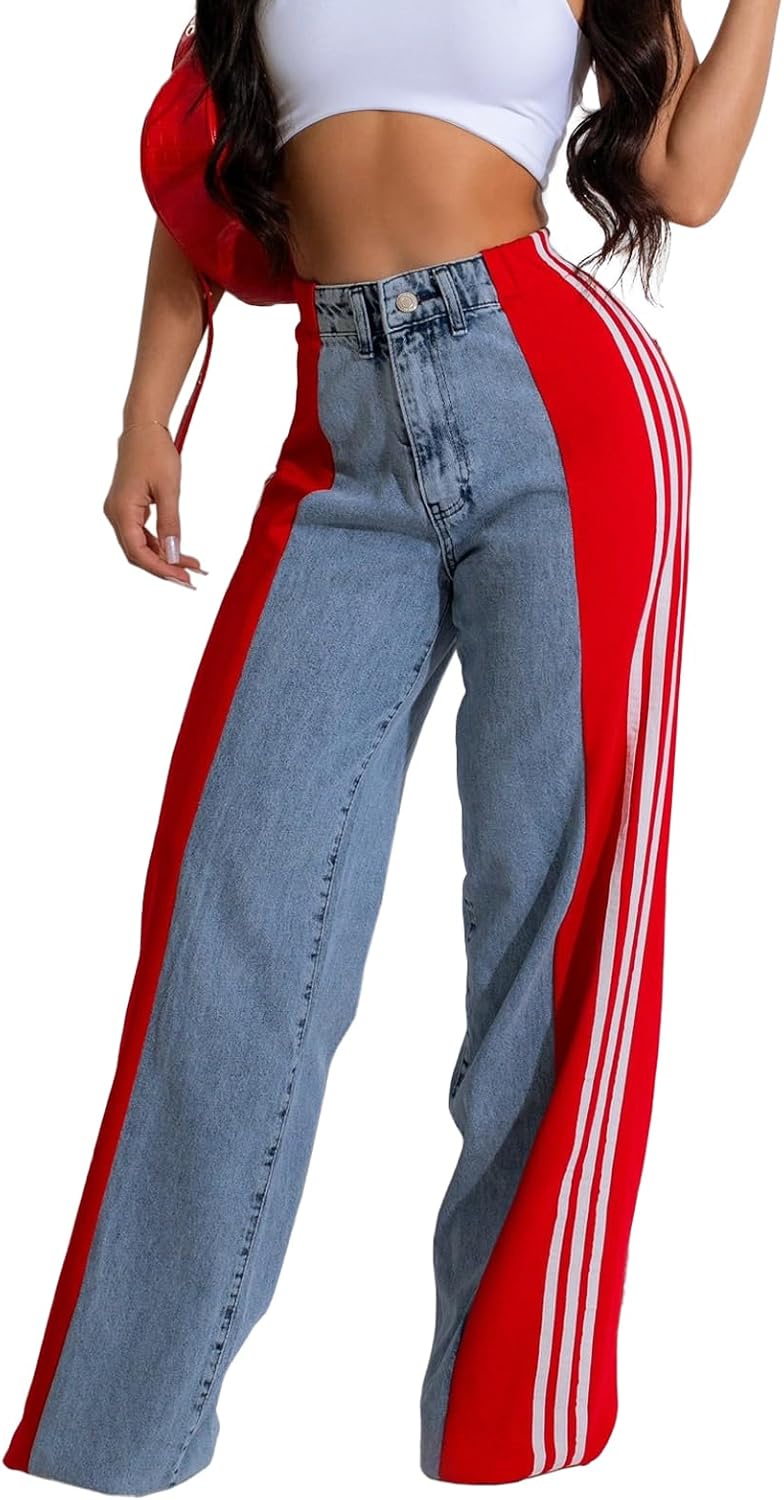 Angsuttc Womens Jeans with Patchwork Stripes High Waisted Stretchy Denim Color Block Straight Wide Leg Trendy Jean