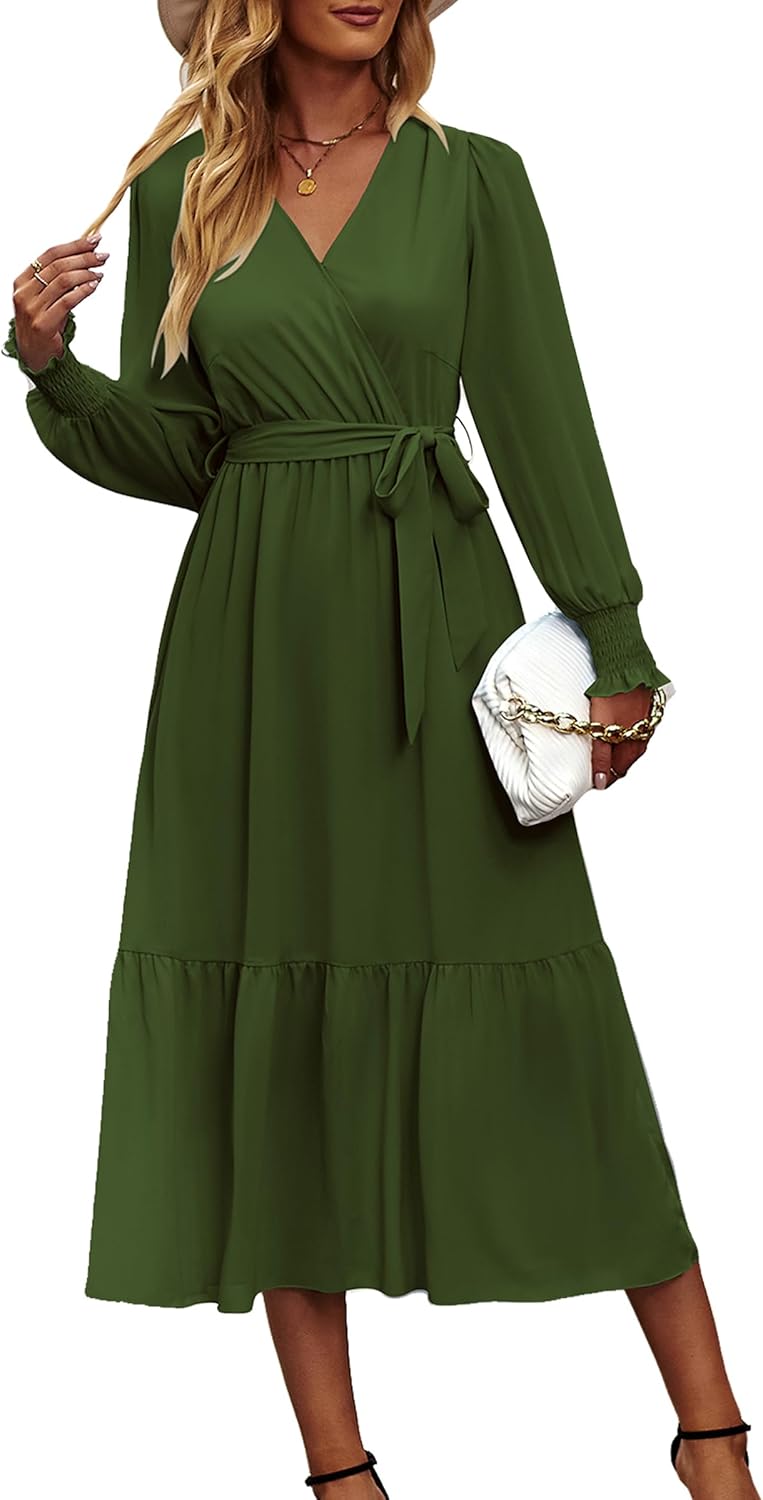 PRETTYGARDEN Women's Floral Boho Dress Fall Long Sleeve Wrap V Neck Ruffle Flowy Maxi Spring Wedding Guest Vacation Dresses