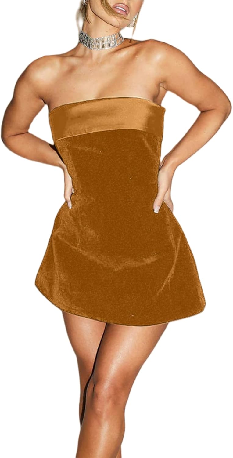 ANKOMINA Women's Sexy Strapless Bodycon Mini Dress Velvet Off Shoulder A-Line Tube Top Dress Party Club Dresses
