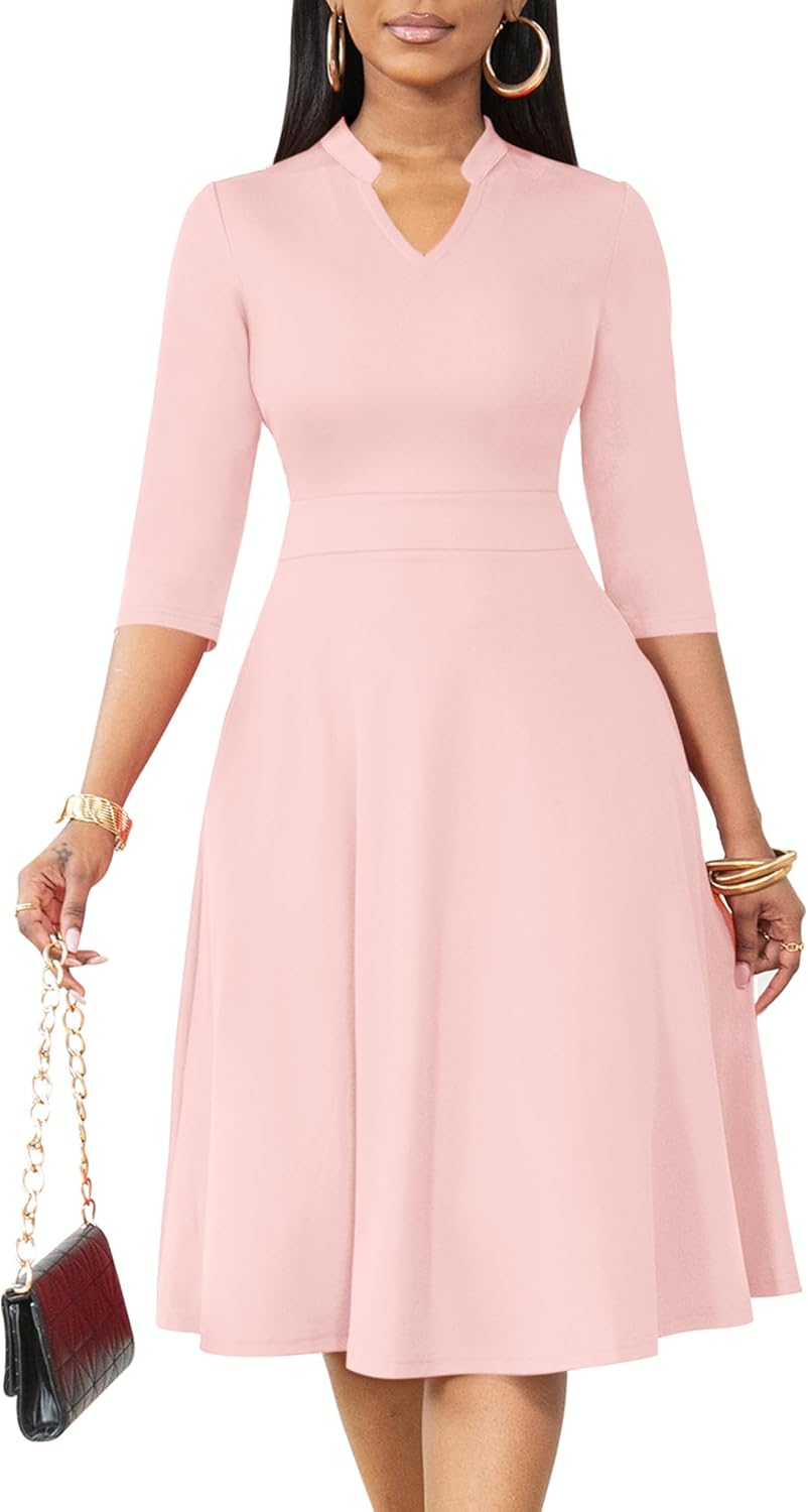 Nmoder Casual Dresses for Women Semi Formal Fit and Flare 3/4 Sleeve A-line Church Work Dress with Pockets