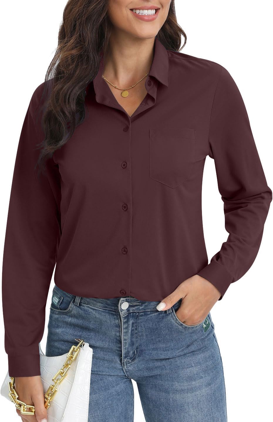 COUXILY Soft Wrinkle-Free Button Down Stretch Shirts for Women, Breathable Moisture-Wicking Casual Work Dress Tops
