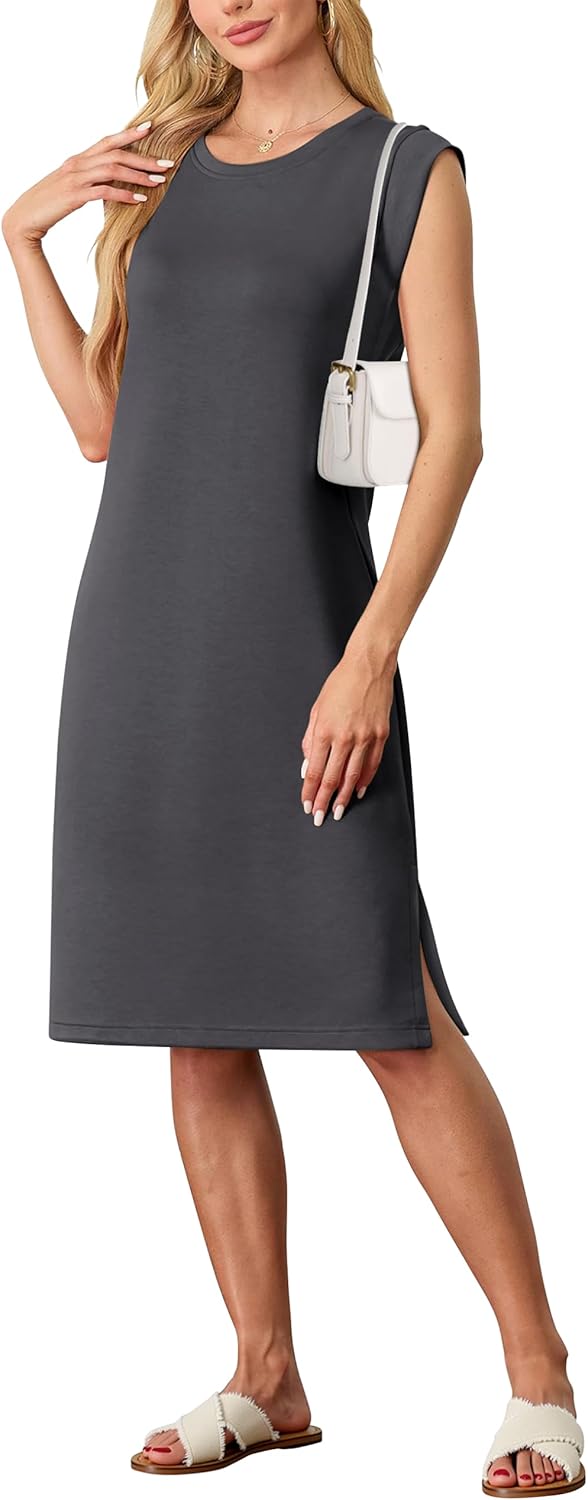 Summer Dresses for Women Round Neck Casual Loose Sleeveless Split Wrinkle-Free 2025 Midi Dress with Pockets