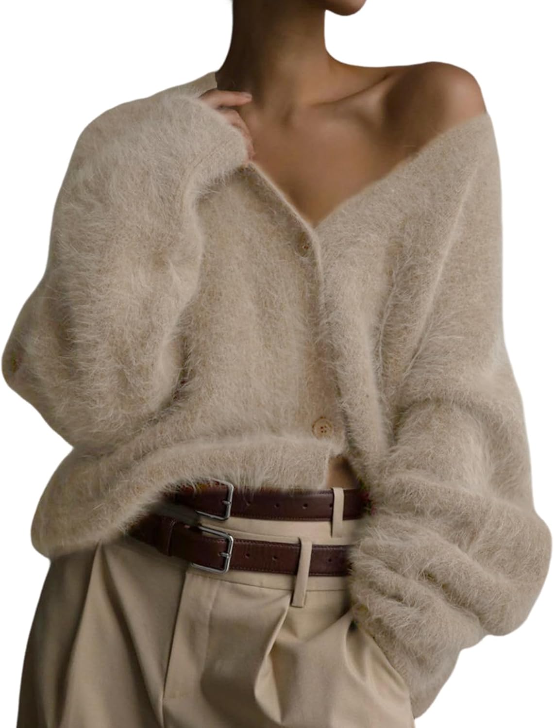 Yimoon Womens Fuzzy Cardigan Sweater V Neck Long Sleeve Button Down Slouchy Furry Knit Sweaters 2025