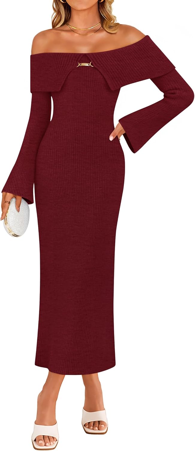ZESICA Women's Fall Off Shoulder Sweater Dress 2025 Bell Long Sleeve Ribbed Knit Bodycon Formal Maxi Dresses