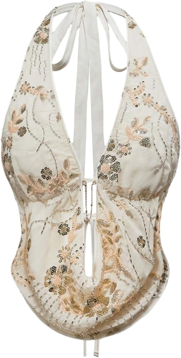 Verdusa Women's Cheetah Print Sequin Top Y2K Tie Back Corset Halter Going Out Crop Tops